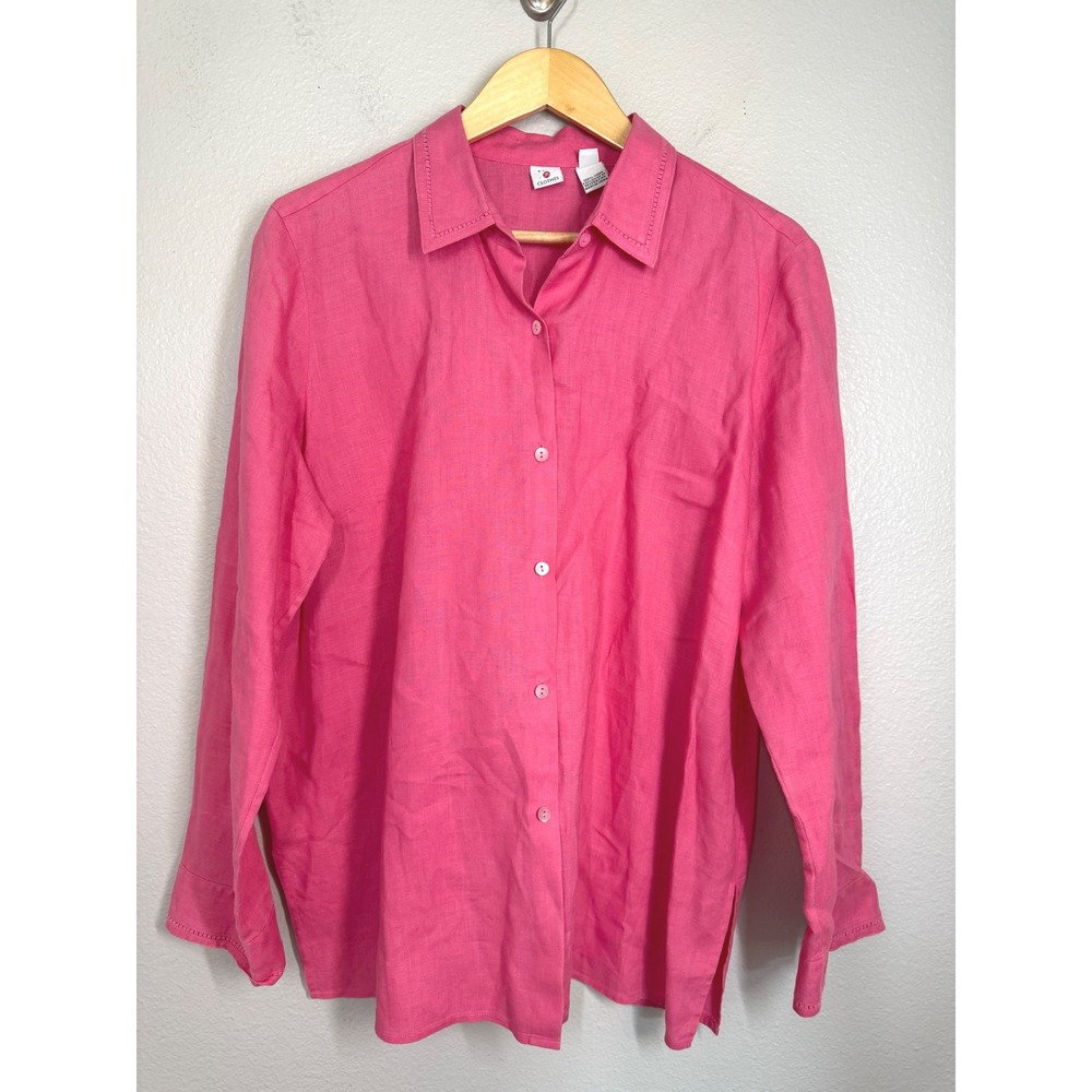 Real Clothes 100% Linen Button Down Shirt Pink Long Sleeve Top Size 14 Blouse‎